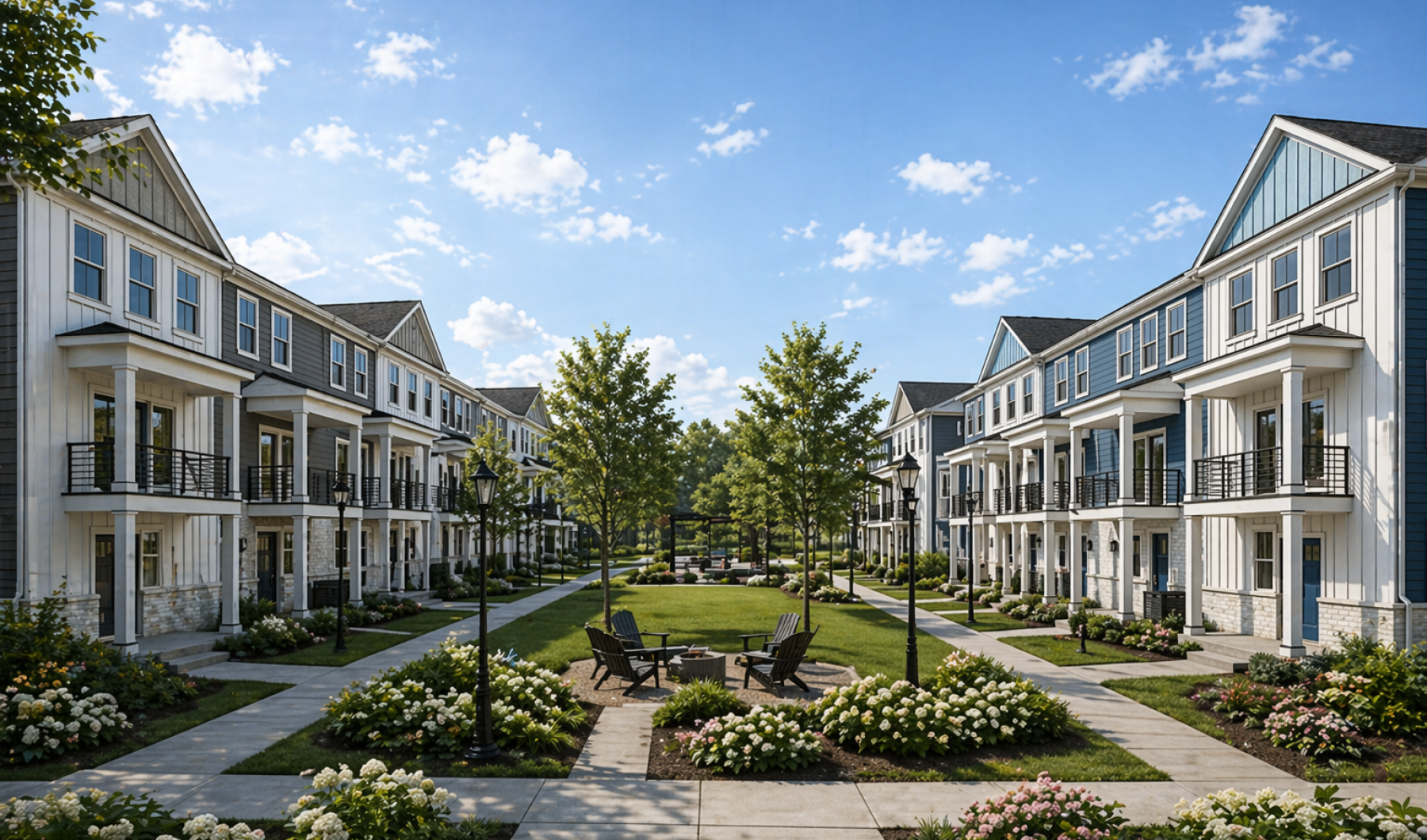 Townhome rental exteriors with front and 2nd floor porches and tree lined sidewalks